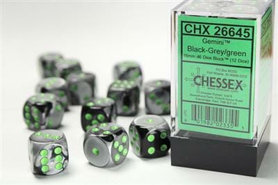 Gemini® 16mm D6 Black-Grey/green Dice Block™ (12 dice) - Image 4
