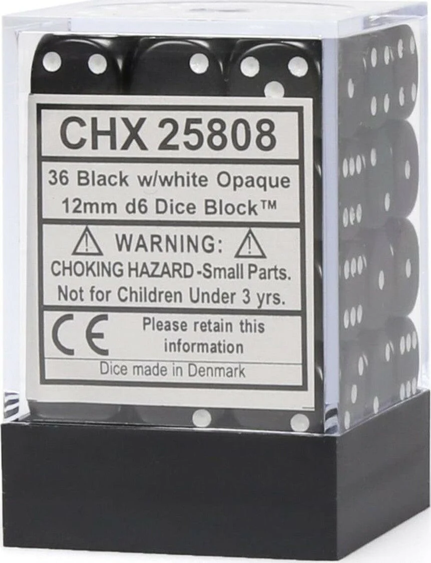 Opaque 12mm D6 Black/white Dice Block™ (36 dice) - Image 5