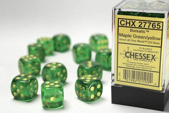 Borealis® 16mm D6 Maple Green/yellow Dice Block™ (12 dice)