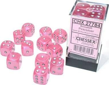 Borealis® 16mm D6 Pink/silver Luminary™ Dice Block™ (12 dice)