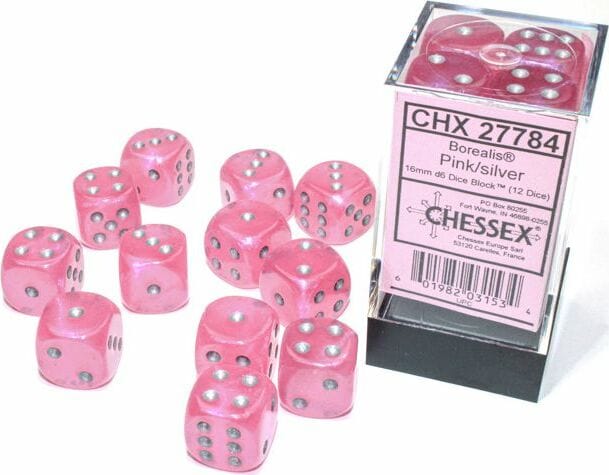 Borealis® 16mm D6 Pink/silver Luminary™ Dice Block™ (12 dice) - Image 2