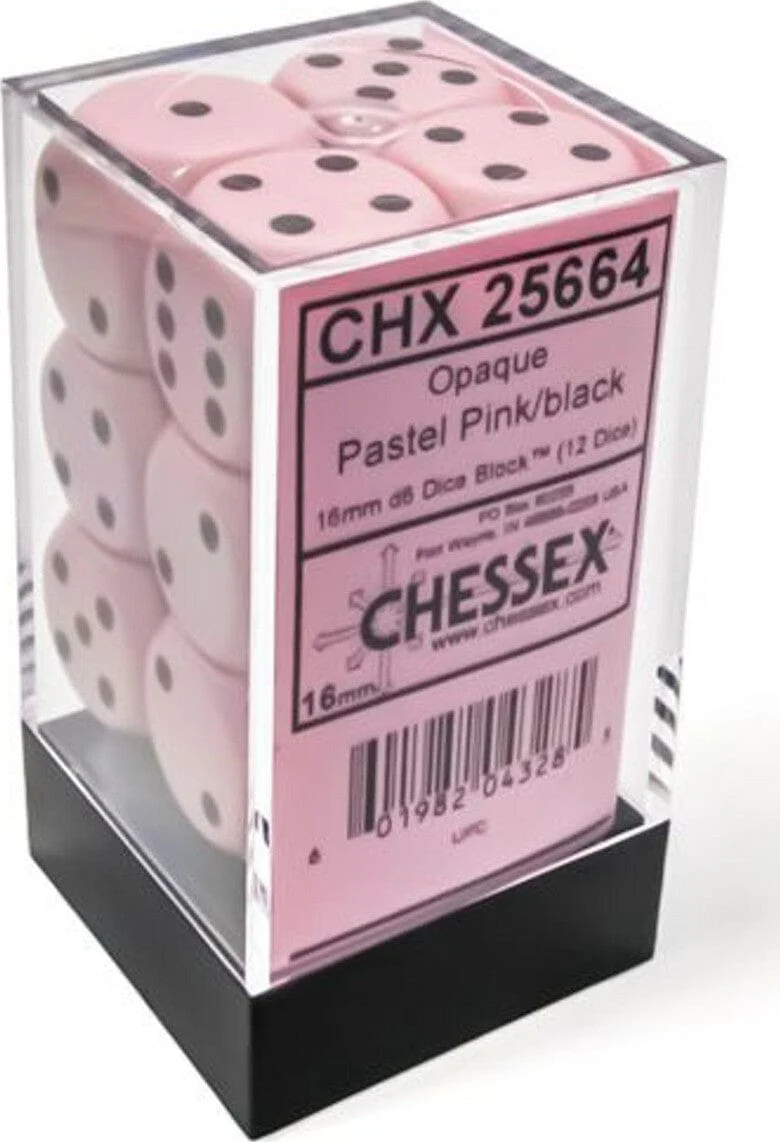 Chessex 16mm d6 Dice Set: Opaque - Pastel Pink/Black (12) - Image 2