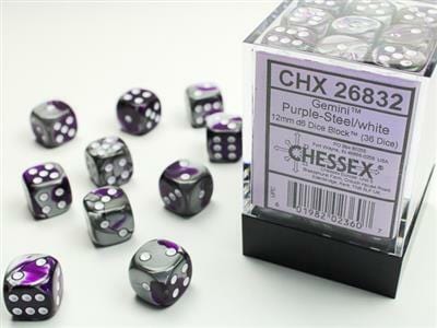 Gemini® 12mm D6 Purple-Steel/white Dice Block (36 dice)