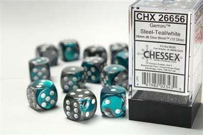 Gemini® 16mm D6 Steel-Teal/white Dice Block™ (12 dice) - Image 2