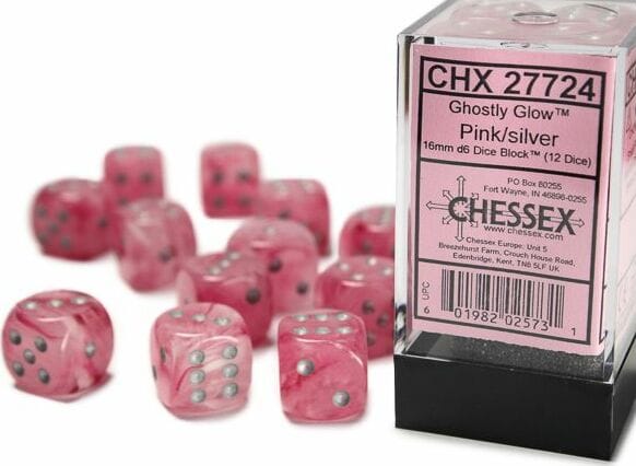 Ghostly Glow™ 16mm D6 Pink/silver Dice Block™ (12 dice) - Image 3