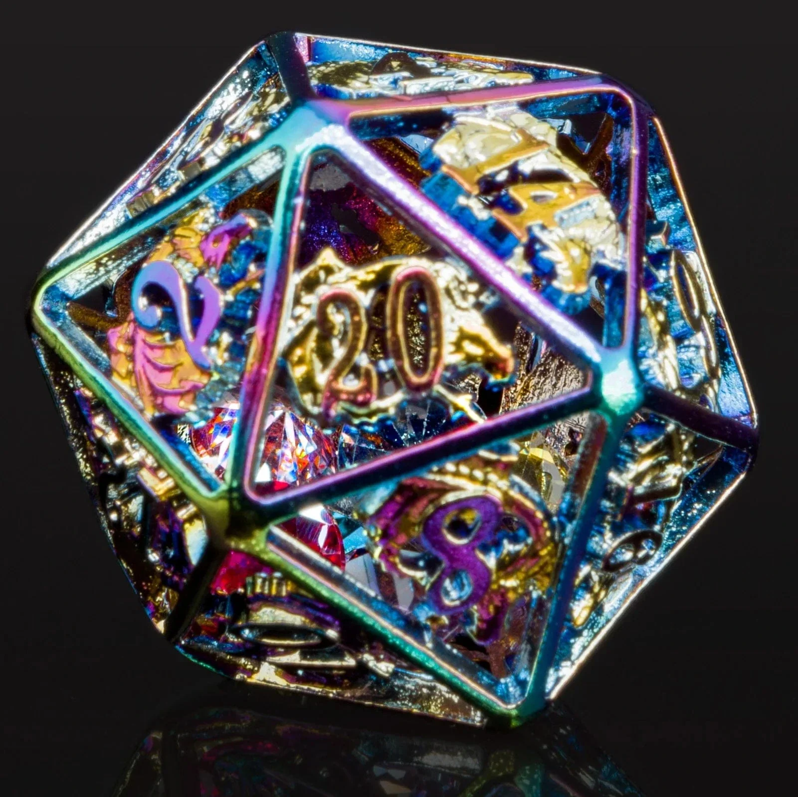 Hollow Dragon Polyhedral Dice Set Filled With Gems - Rainbow