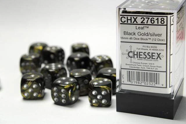 Leaf™ 16mm D6 Black Gold/silver Dice Block™ (12 dice)