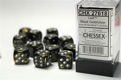 Leaf™ 16mm D6 Black Gold/silver Dice Block™ (12 dice) - Image 2