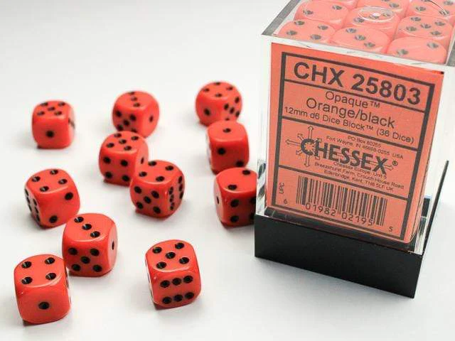 Opaque 12mm D6 Orange/black Dice Block™ (36 dice)