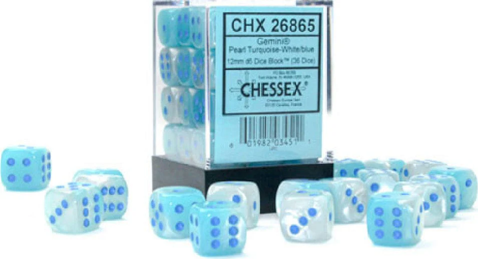 Gemini® 12mm D6 Pearl Turquoise-White/blue Luminary™ Dice Block™ (36 dice) - Image 4