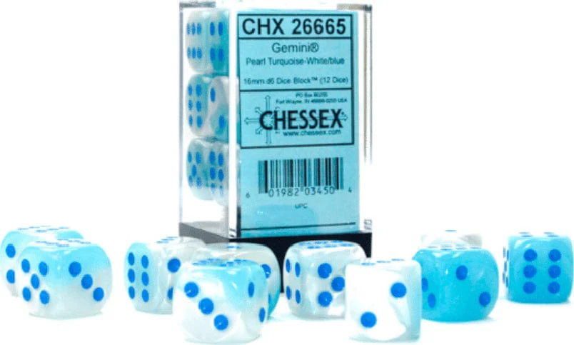 Gemini® 16mm D6 Pearl Turquoise-White/blue Luminary™ Dice Block™ (12 dice) - Image 4