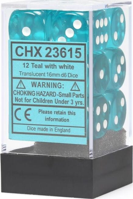 Translucent 16mm D6 Teal/white Dice Block™ (12 dice) - Image 2