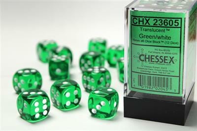 Translucent 16mm D6 Green/white Dice Block™ (12 dice)