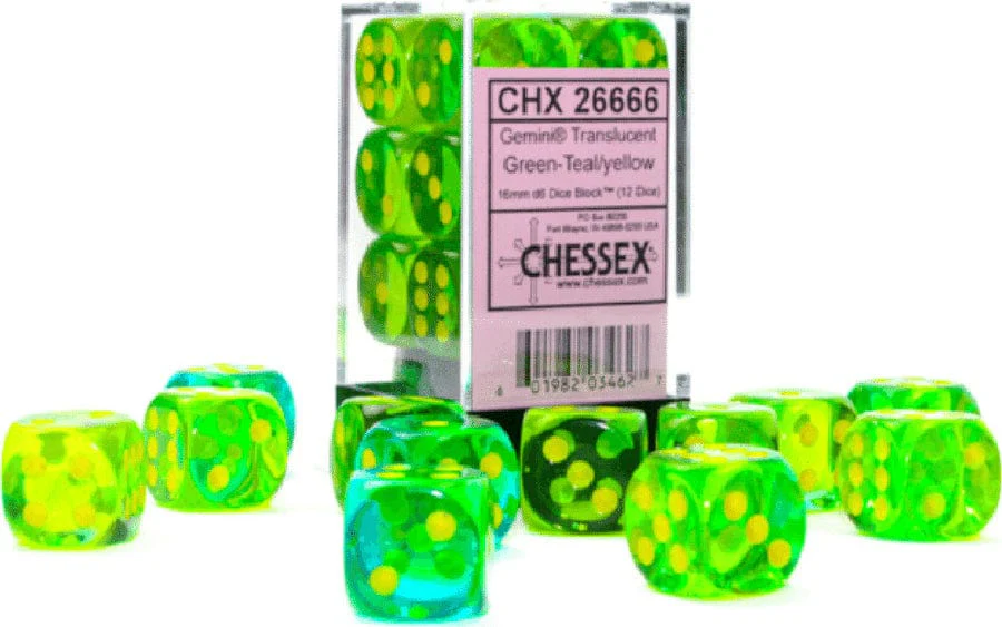 Gemini® 16mm D6 Translucent Green-Teal/yellow Dice Block™ (12 dice) - Image 2