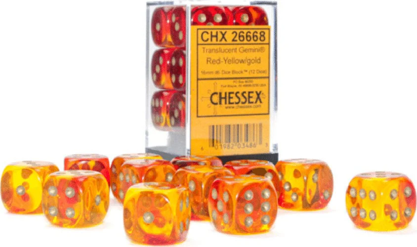 Gemini® 16mm D6 Translucent Red-Yellow/gold Dice Block™ (12 dice)